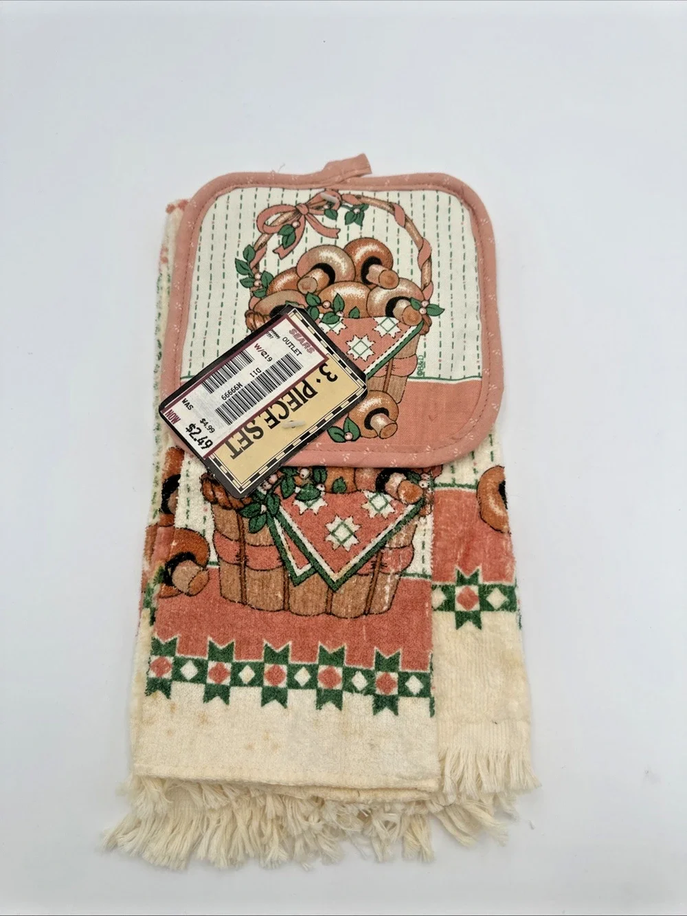 Vintage Mushroom Kitchen Towel Dish Cloth Pot Holder 3 Pc Set Royal Terry Sears